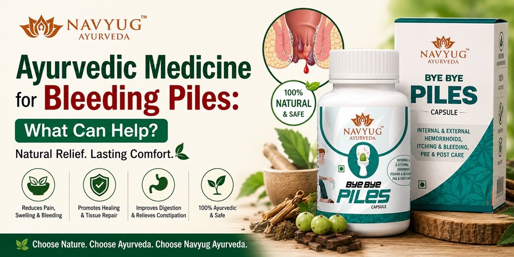 Navyug Ayurveda Bye Bye Piles Ayurvedic medicine for bleeding piles, featuring the product bottle and box with natural Ayurvedic support messaging.