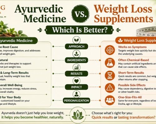 Ayurvedic medicine vs. weight loss supplements comparison, highlighting differences in approach, ingredients, results, overall impact, personalization, and long-term weight management.