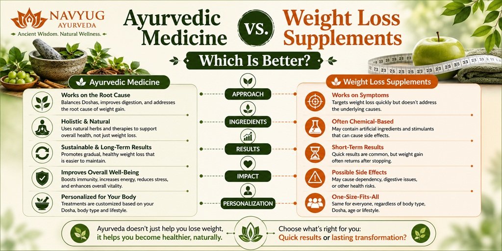 Ayurvedic medicine vs. weight loss supplements comparison, highlighting differences in approach, ingredients, results, overall impact, personalization, and long-term weight management.