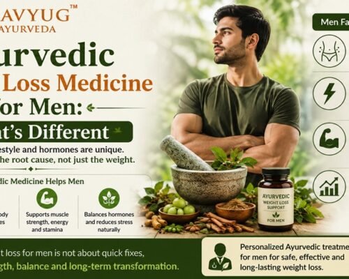 Ayurvedic weight loss medicine for men, highlighting belly fat, stress, muscle preservation, hormonal balance, metabolism, and personalized Ayurvedic treatment.