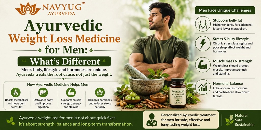 Ayurvedic weight loss medicine for men, highlighting belly fat, stress, muscle preservation, hormonal balance, metabolism, and personalized Ayurvedic treatment.
