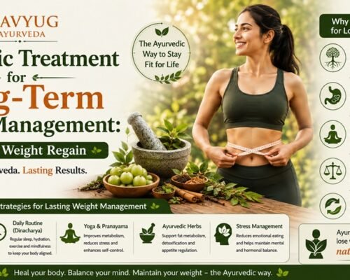 Ayurvedic treatment for long-term weight management, highlighting healthy lifestyle, balanced digestion, yoga, Ayurvedic herbs, stress management, and strategies to prevent weight regain.