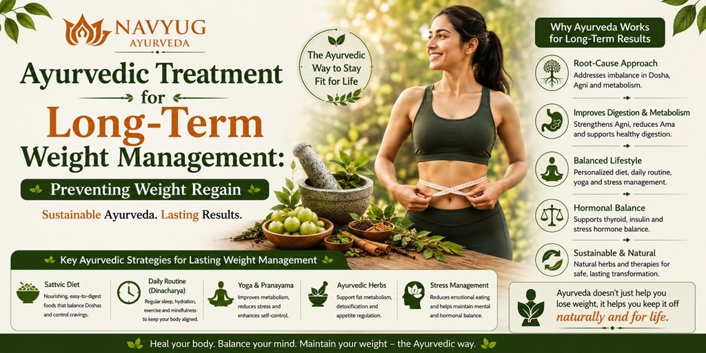 Ayurvedic treatment for long-term weight management, highlighting healthy lifestyle, balanced digestion, yoga, Ayurvedic herbs, stress management, and strategies to prevent weight regain.