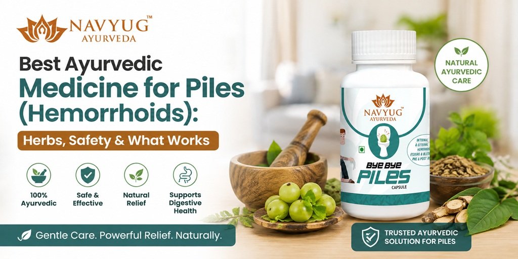 Best Ayurvedic Medicine for Piles (Hemorrhoids) featuring Navyug Ayurveda Bye Bye Piles capsules with Ayurvedic herbs and natural digestive care.
