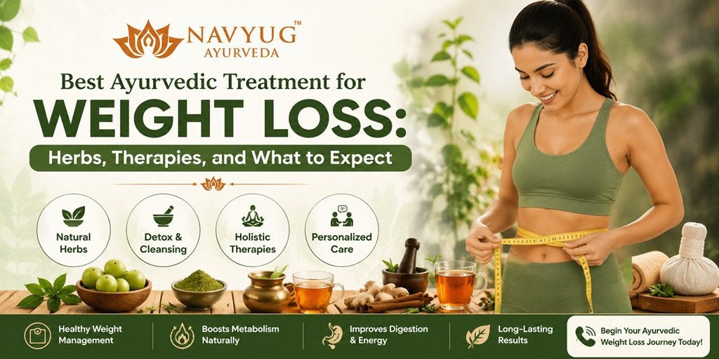 Best Ayurvedic treatment for weight loss featuring natural herbs, holistic therapies, personalized care, and healthy weight management by Navyug Ayurveda.