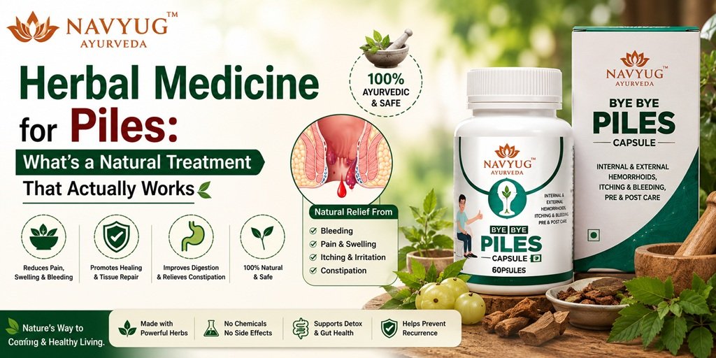 Navyug Ayurveda Bye Bye Piles capsules with herbal ingredients, promoting Ayurvedic support for piles, including bleeding, pain, swelling, itching, and constipation.
