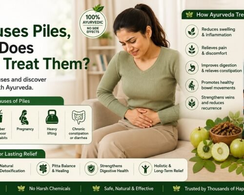 Infographic explaining the common causes of piles and how Ayurveda may help manage them naturally, featuring Navyug Ayurveda Bye Bye Piles capsules, herbal ingredients, and digestive health benefits.