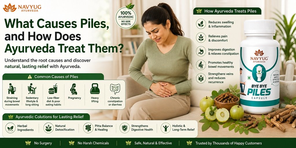 Infographic explaining the common causes of piles and how Ayurveda may help manage them naturally, featuring Navyug Ayurveda Bye Bye Piles capsules, herbal ingredients, and digestive health benefits.
