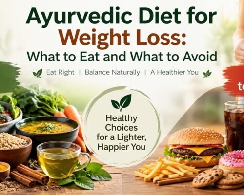 Ayurvedic diet for weight loss showing healthy foods to eat and foods to avoid, with vegetables, herbs, spices and green tea contrasted with processed foods, sugary drinks and snacks.