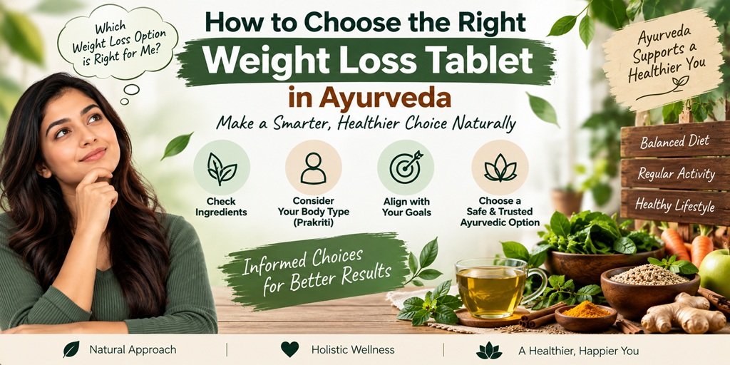 How to choose the right weight loss tablet in Ayurveda, highlighting ingredients, body type (Prakriti), weight-loss goals, trusted Ayurvedic options, balanced diet, regular activity, and a healthy lifestyle.
