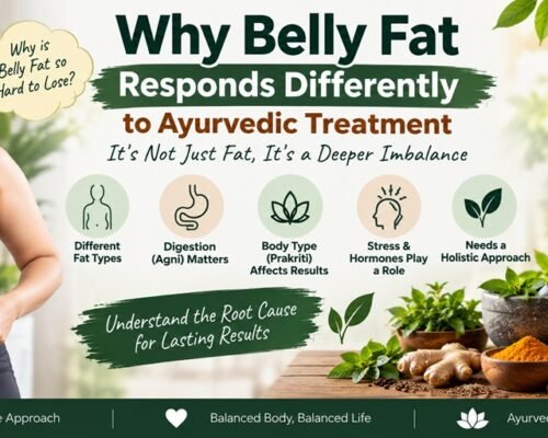 Why belly fat responds differently to Ayurvedic treatment, highlighting digestion (Agni), body type (Prakriti), stress and hormones, different fat types, and a holistic approach to sustainable weight management.