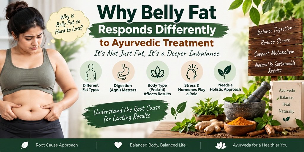 Why belly fat responds differently to Ayurvedic treatment, highlighting digestion (Agni), body type (Prakriti), stress and hormones, different fat types, and a holistic approach to sustainable weight management.